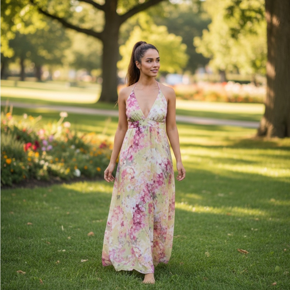Floral pink and green silky maxi dress - vintage H&M